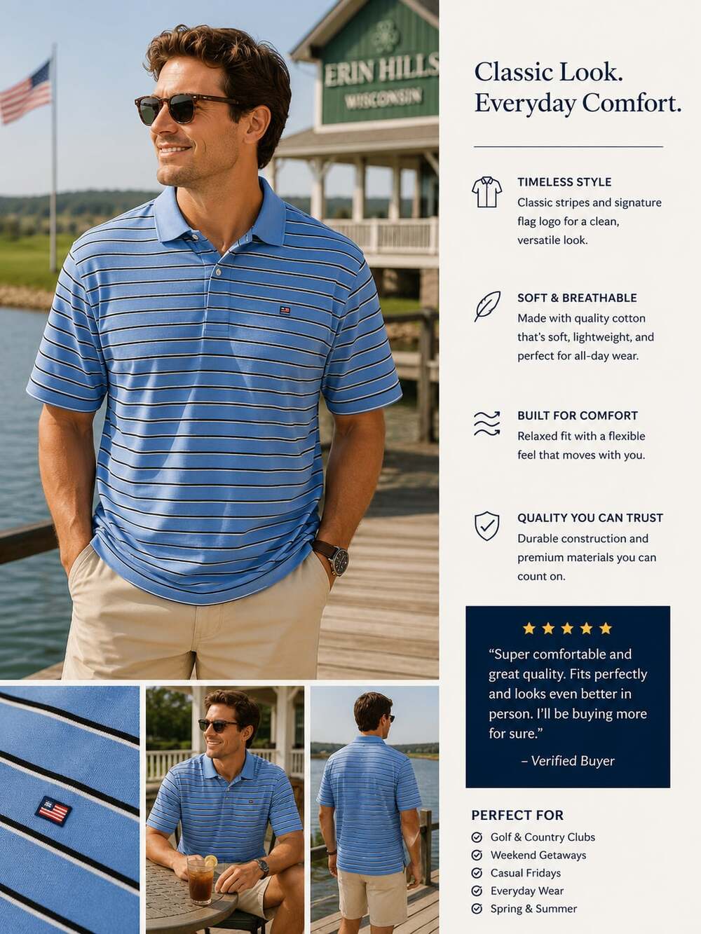 Ralph Lauren Polo Jeans Co Mens XXL Blue Striped Polo Shirt Flag Logo Cotton